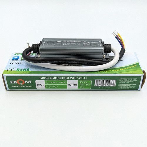 Блок питания DC12 20W 1,7А герметичный. BIOM Professional WBP-20-12 Б 21213 фото