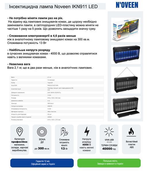 Інсектицидна лампа Noveen IKN911 LED до 300 кв. м. *983 996 фото