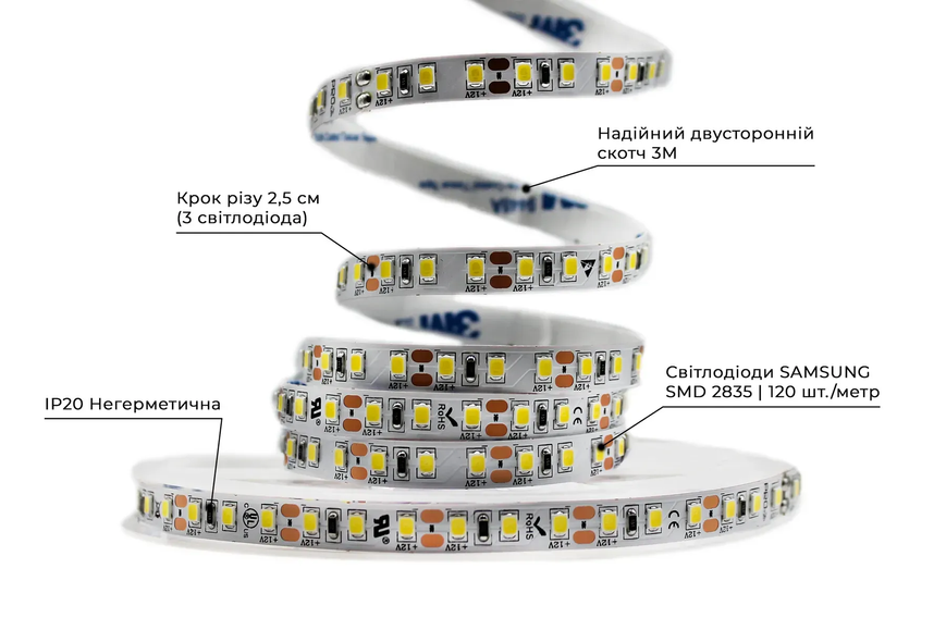 Світлодіодна стрічка DC12V IP20 холодний білий. PROLUM PRO 2835-120 (котушка. Ціна за метр) 320114. фото